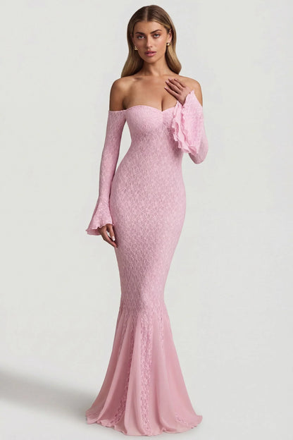 Off-Shoulder Ruffle Lace Maxi Dress in Soft Pink