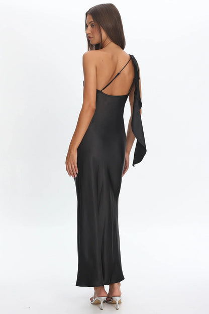 Carmel One-Shoulder Sash Maxi Dress Black