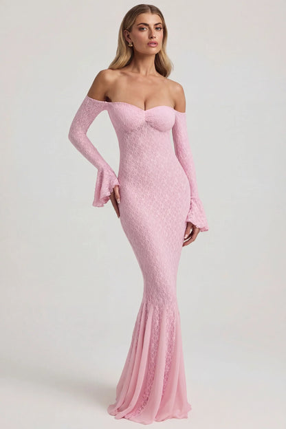 Off-Shoulder Ruffle Lace Maxi Dress in Soft Pink
