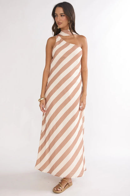 Mirona One Shoulder Scarf Maxi Dress Stripe Camel