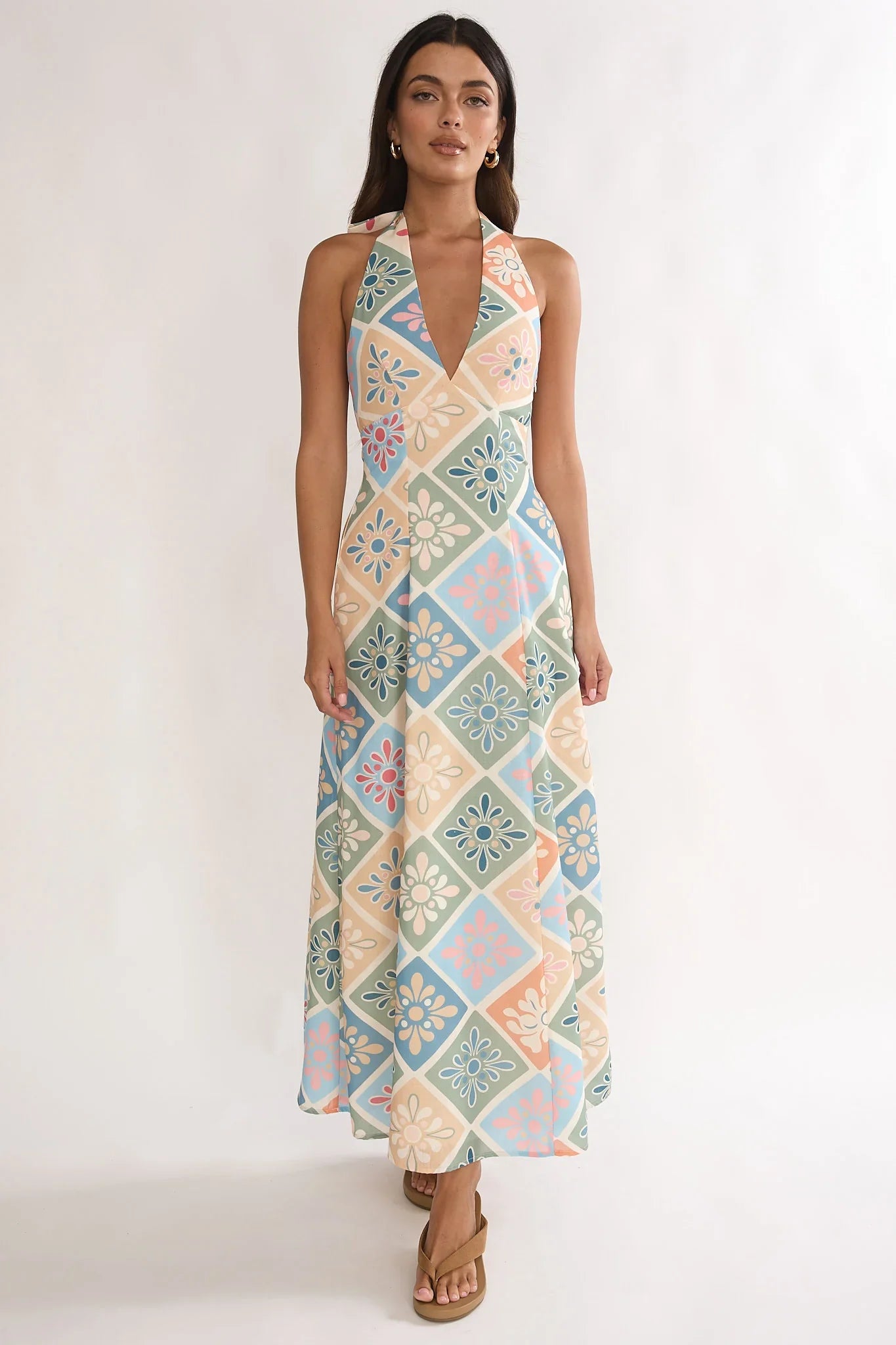 Nolara A-Line Halterneck Maxi Dress Green Multi