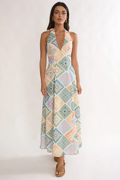 Nolara A-Line Halterneck Maxi Dress Green Multi
