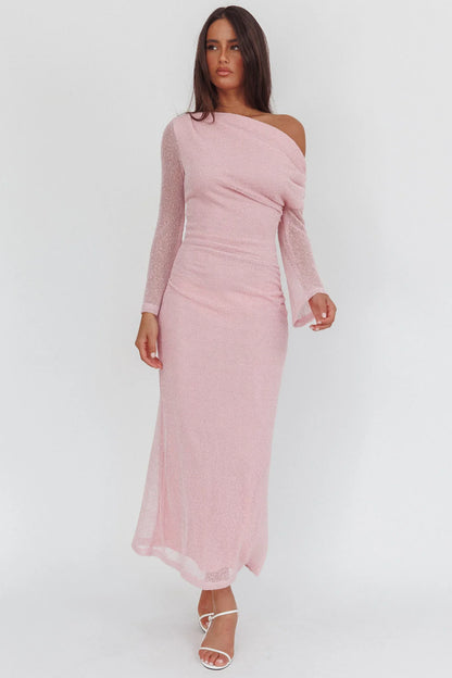 Alivya Asymmetric Neckline Knit Maxi Dress Pink