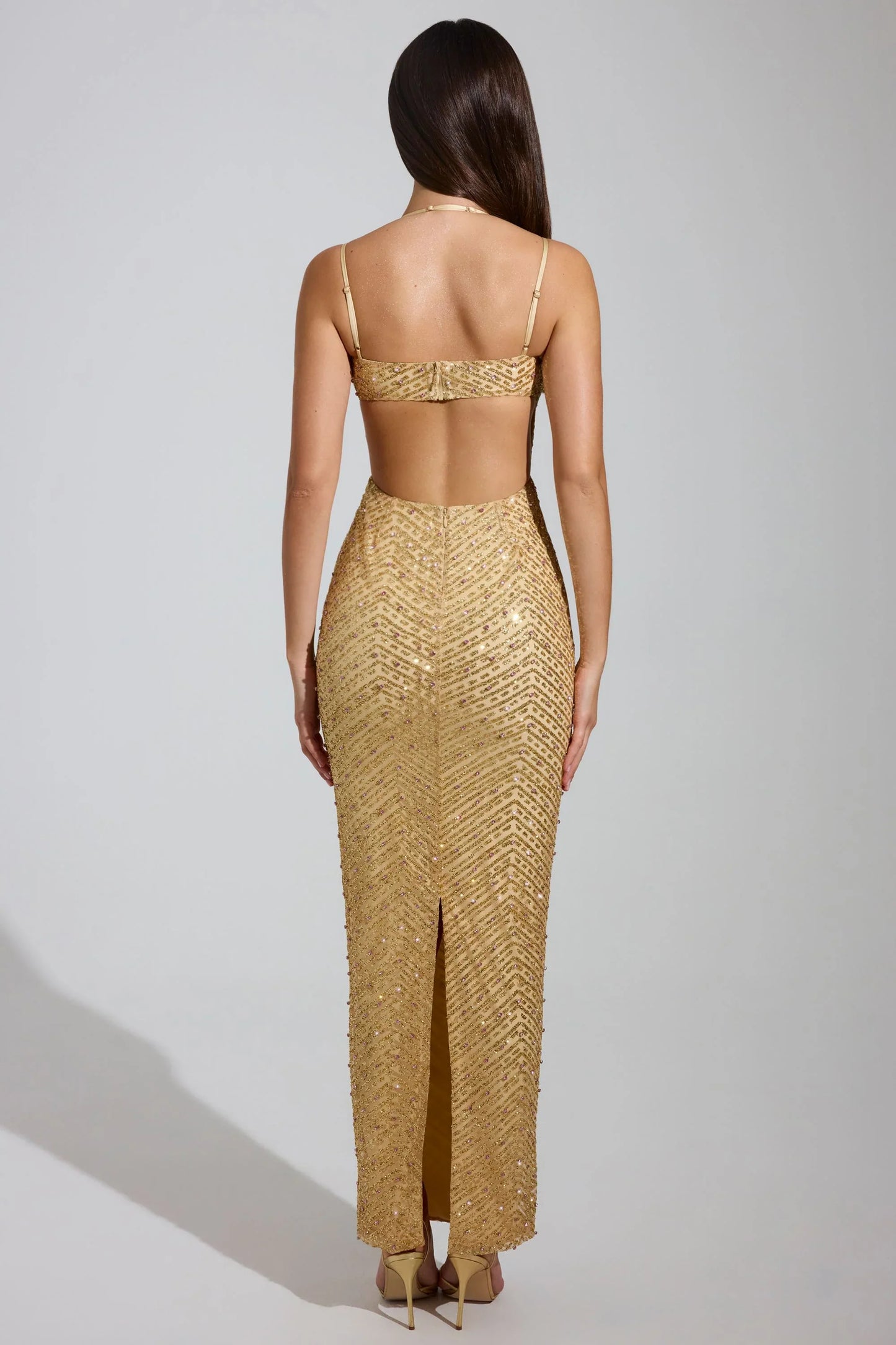 Embellished Cowl-Neck Maxi Dress in Gold