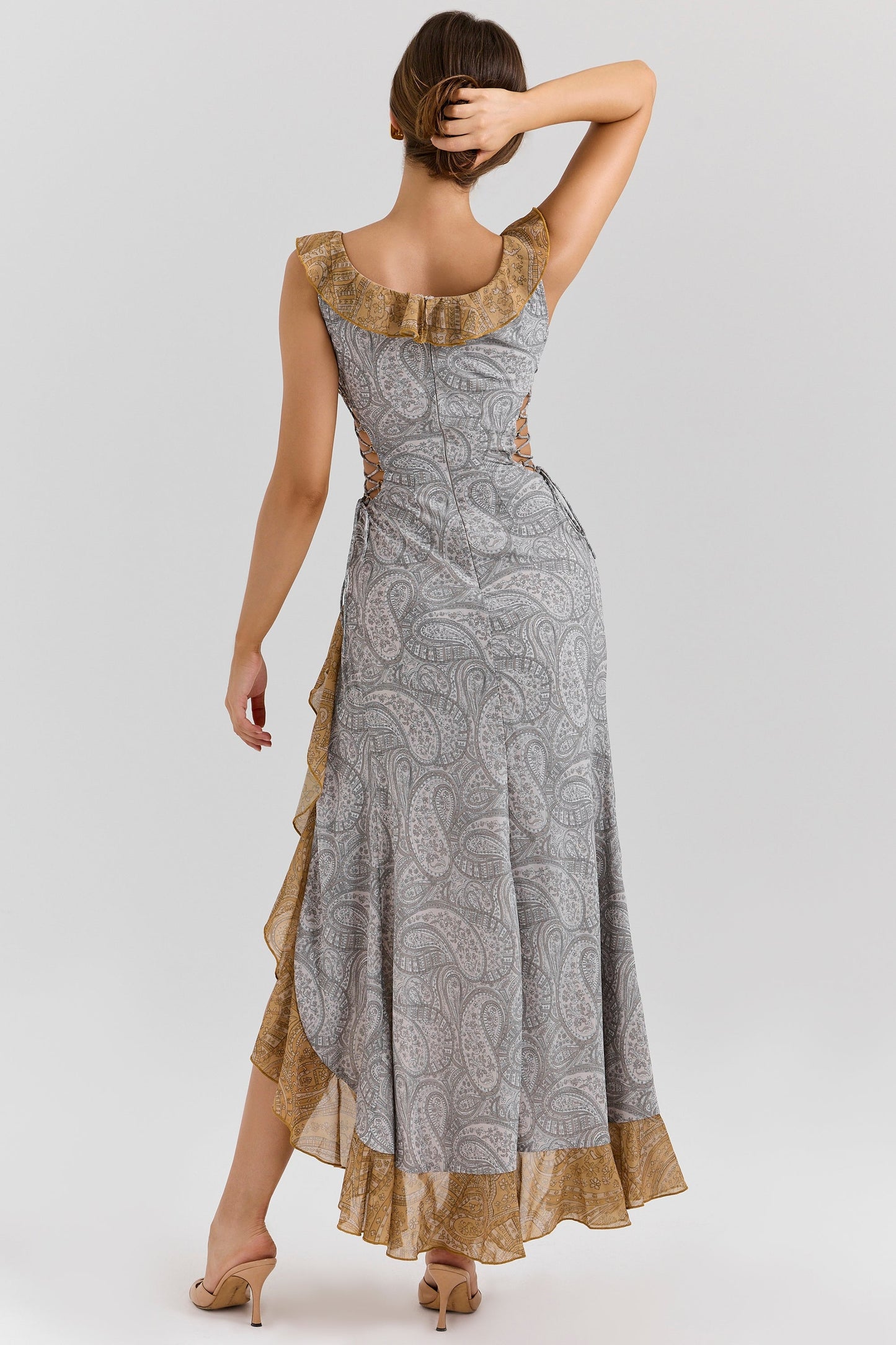 paisley print georgette ruffle maxi dress