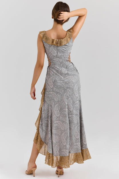 paisley print georgette ruffle maxi dress