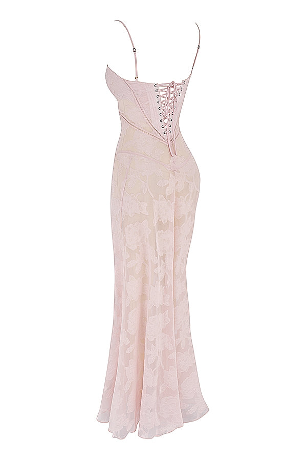soft pink floral lace back maxi dress