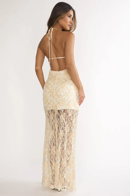 One Night Halterneck Maxi Dress Sequin Butter