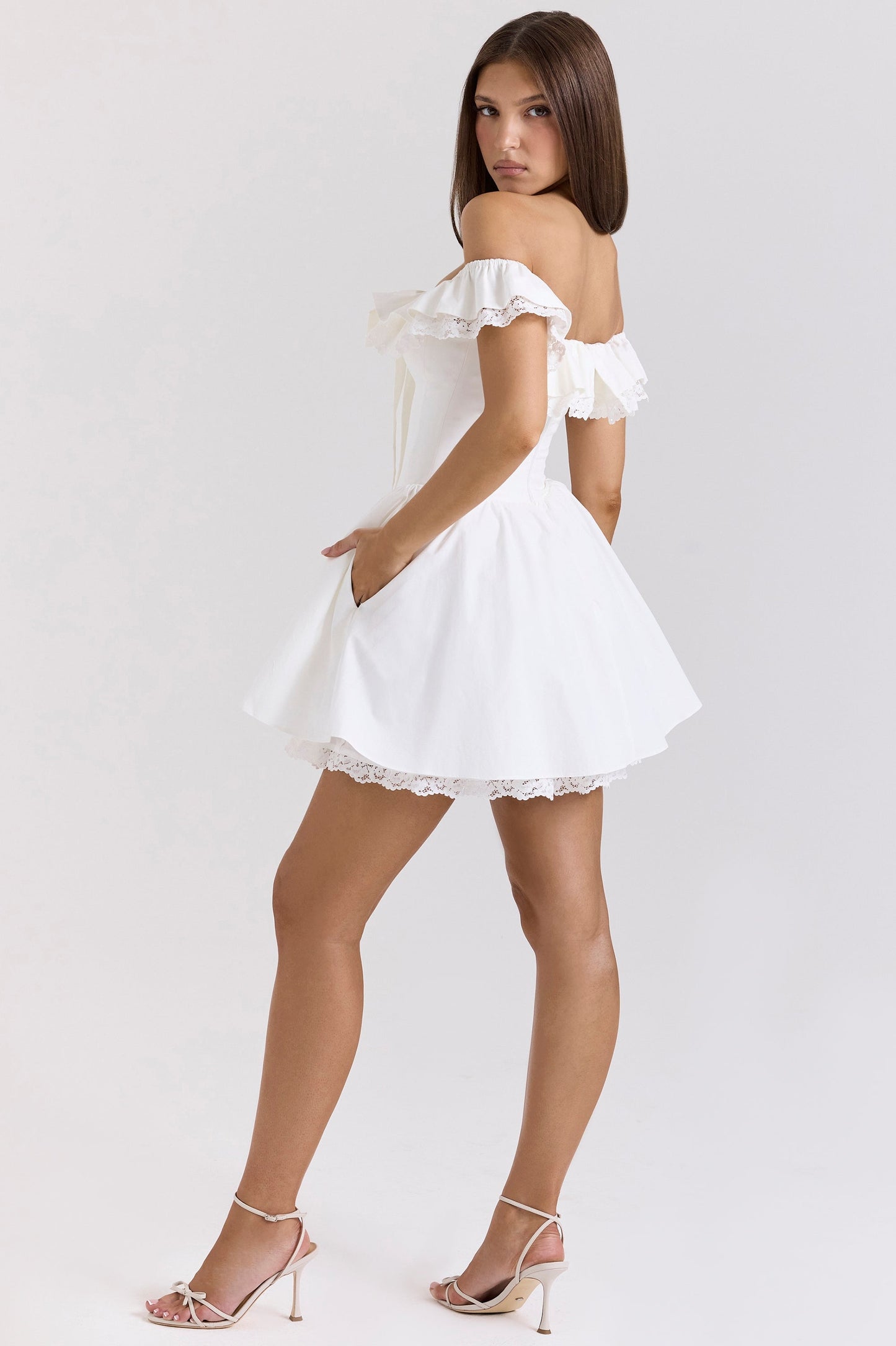 white cotton off shoulder corset mini dress