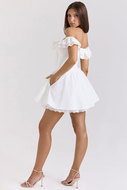 white cotton off shoulder corset mini dress