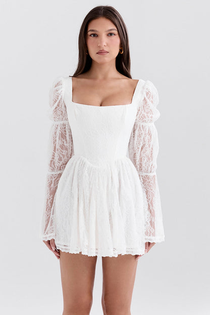 white lace puff sleeve mini dress
