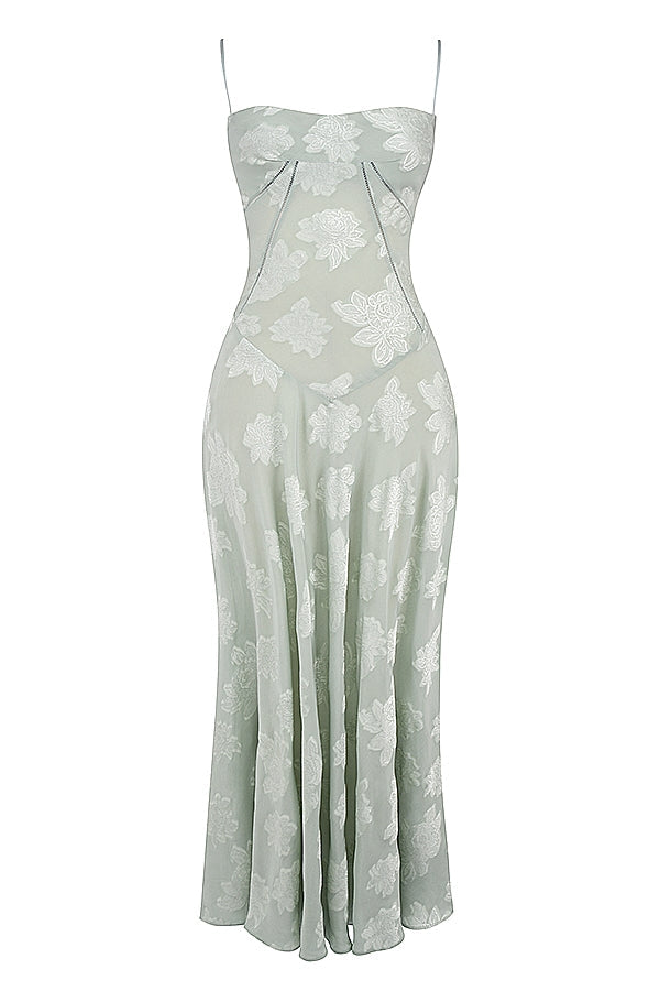 pistachio floral lace back maxi dress