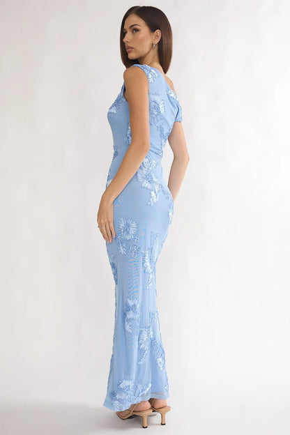 Moonlit Magic Asymmetric Neckline Embellished Maxi Dress Blue
