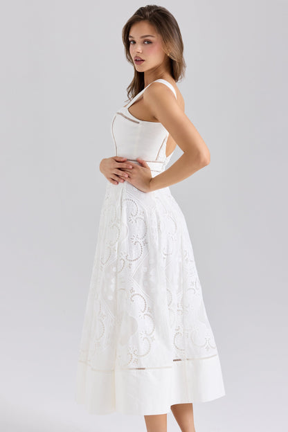 white stretch cotton broderie anglaise midi dress