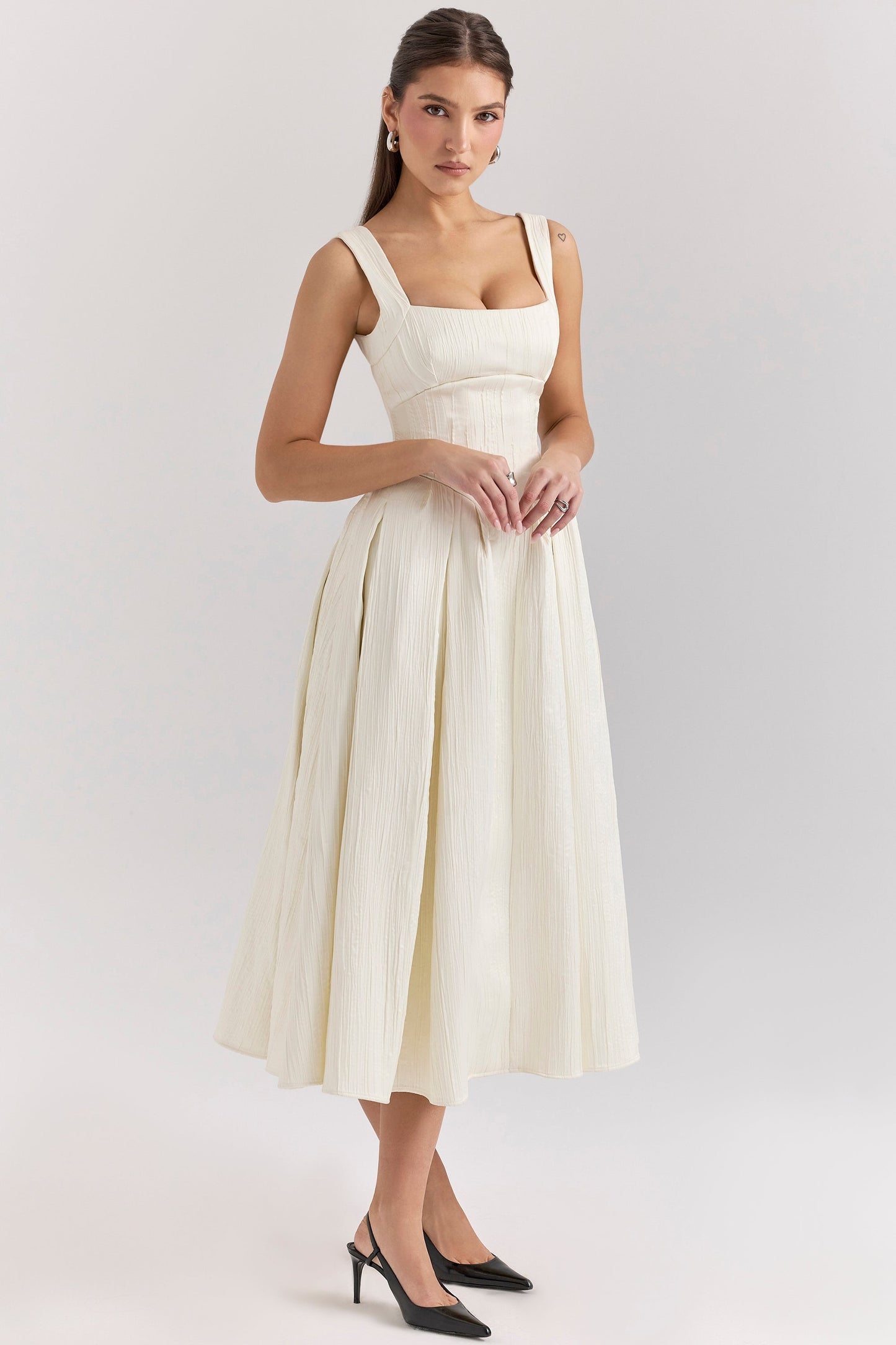 ivory textured satin corset midi dress