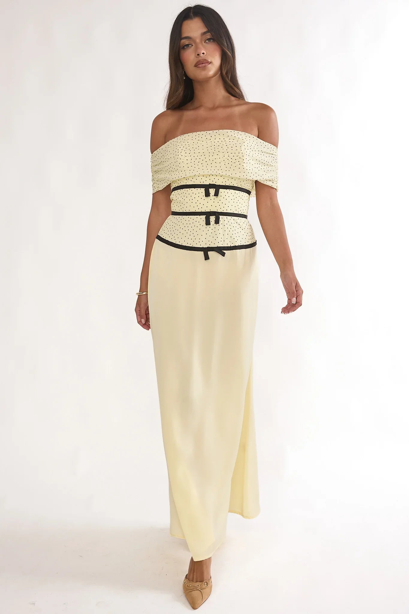 Begonias Off-Shoulder Bow Maxi Dress Spotted Lemon