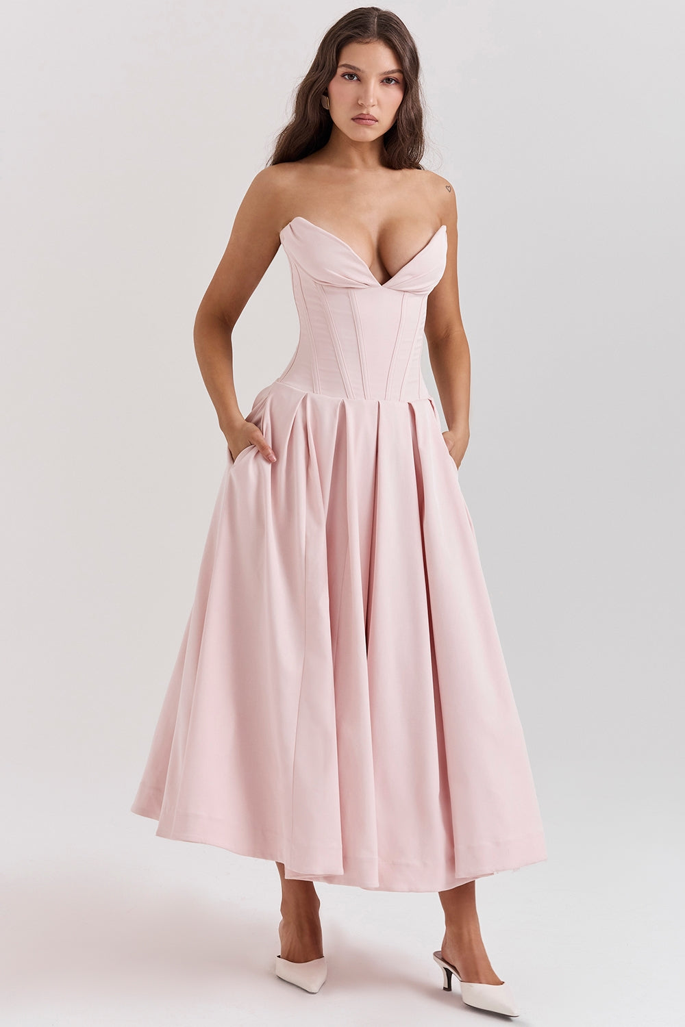 ballerina pink strapless midi dress