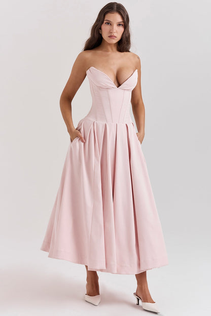 ballerina pink strapless midi dress