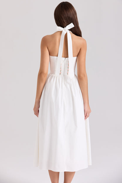 white cotton halter neck midi dress