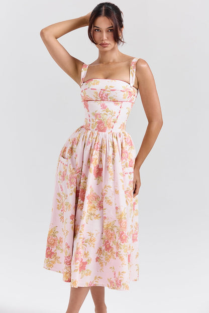 peach poppy print cotton midi sundress
