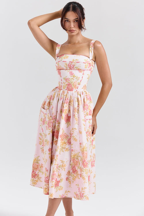 peach poppy print cotton midi sundress