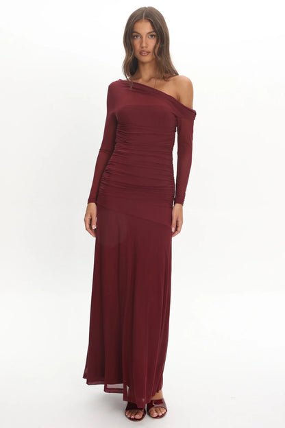 Lylah Asymmetric Neckline Long Sleeve Maxi Dress Mesh Chocolate