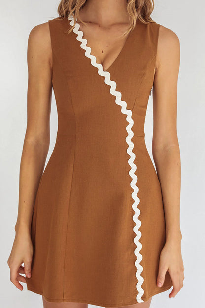 Make You Mine V-Neck Ric-Rac Mini Dress Brown