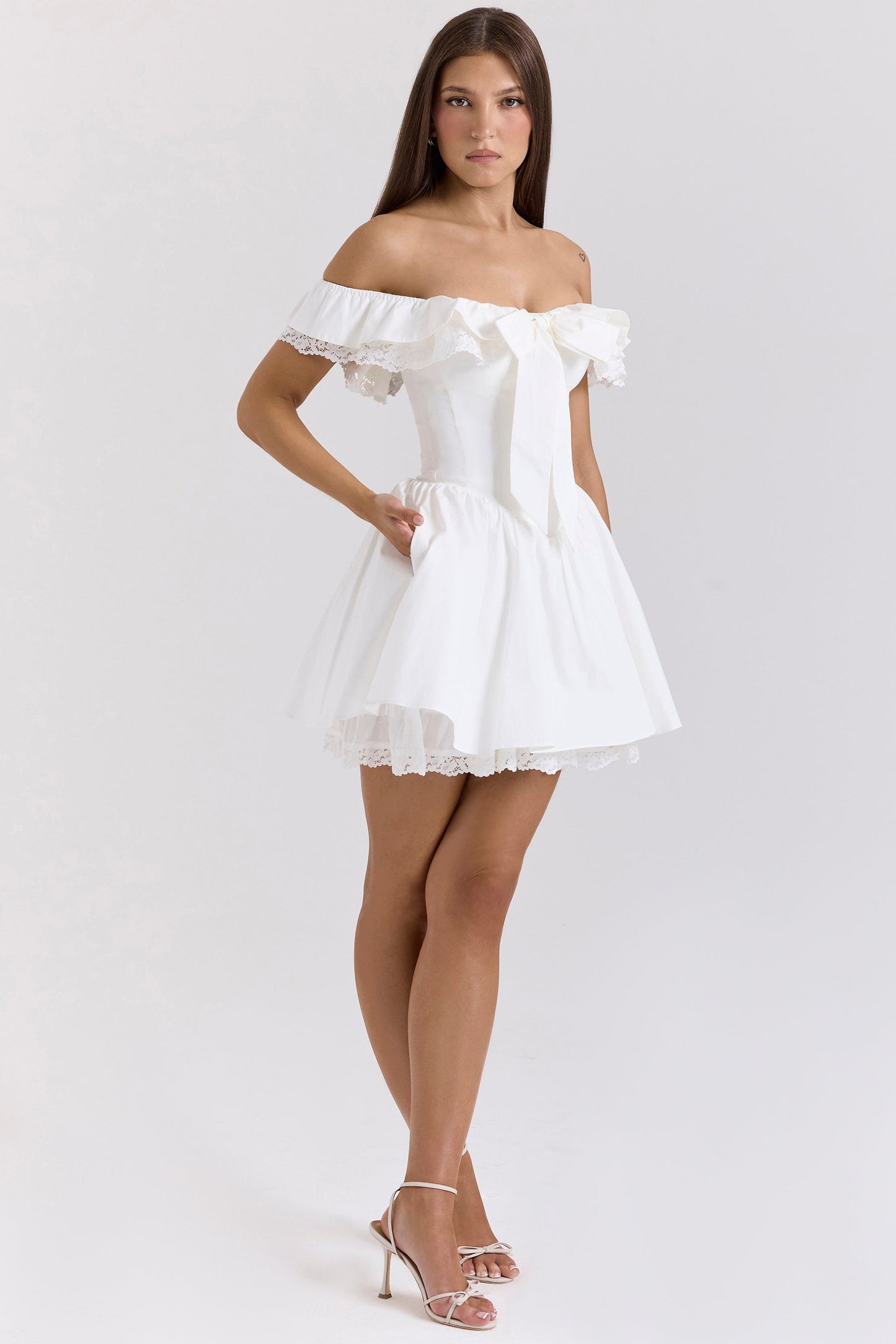 white cotton off shoulder corset mini dress