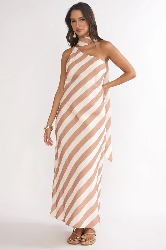 Mirona One Shoulder Scarf Maxi Dress Stripe Camel