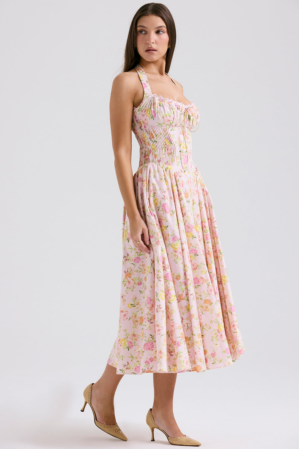 pink meadow print cotton halter midi sundress