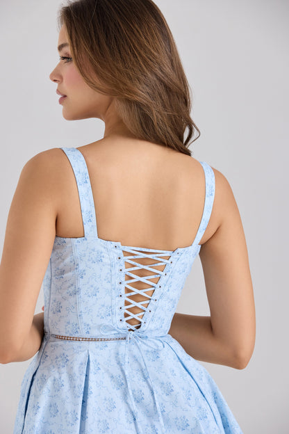 blue floral print stretch cotton mini dress