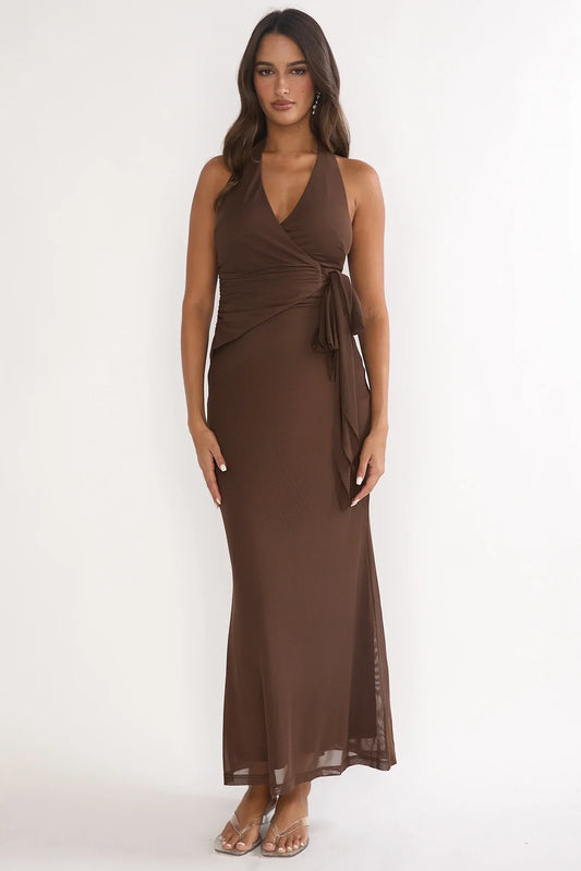 Halo Moon Wrap Front Halter Maxi Dress Chocolate