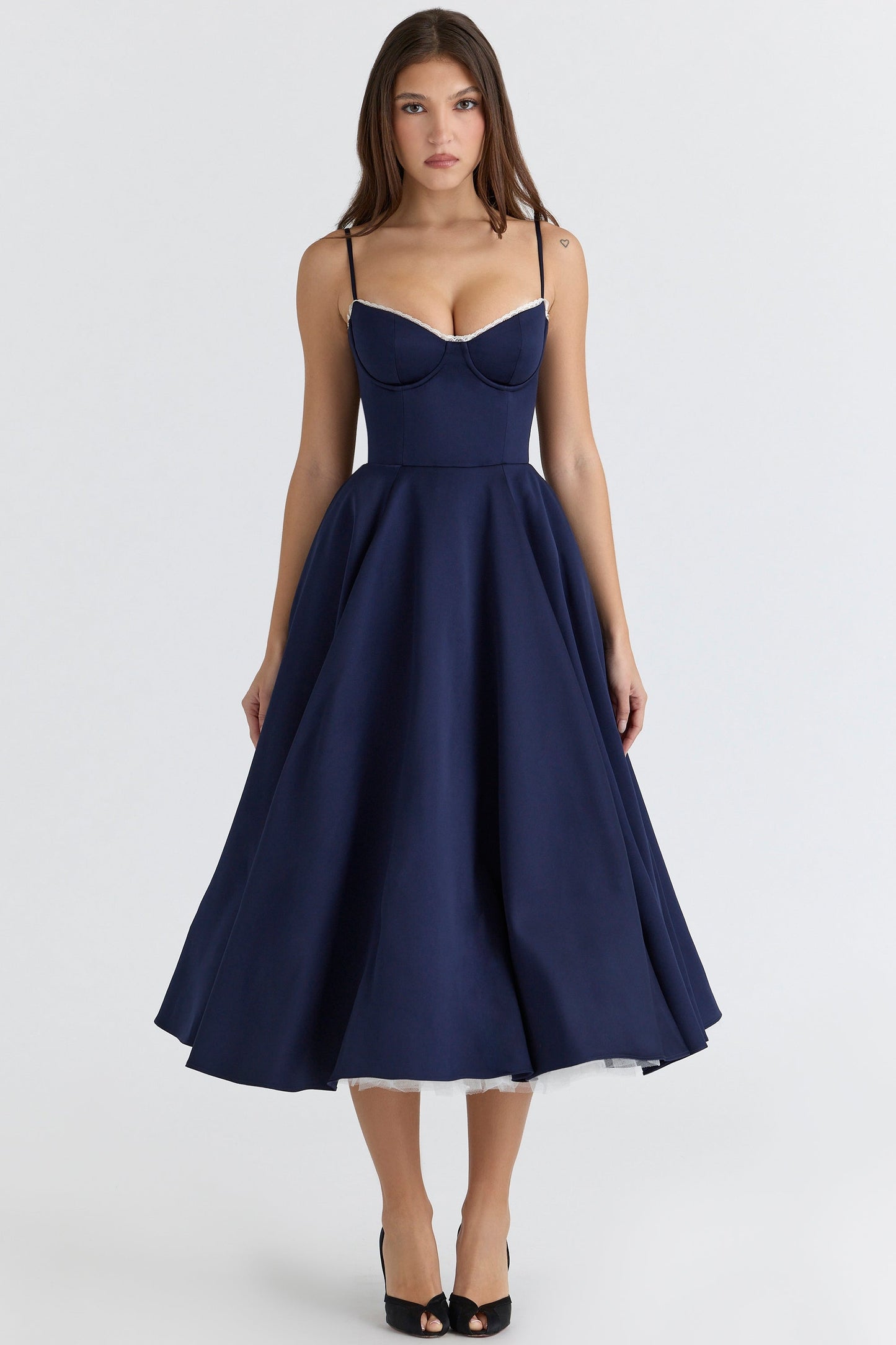 navy satin tulle midi dress