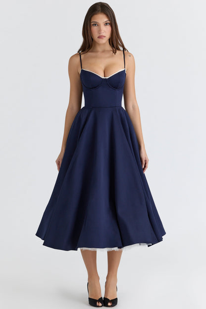 navy satin tulle midi dress