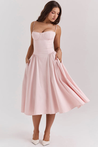 ballerina pink twill corset midi dress