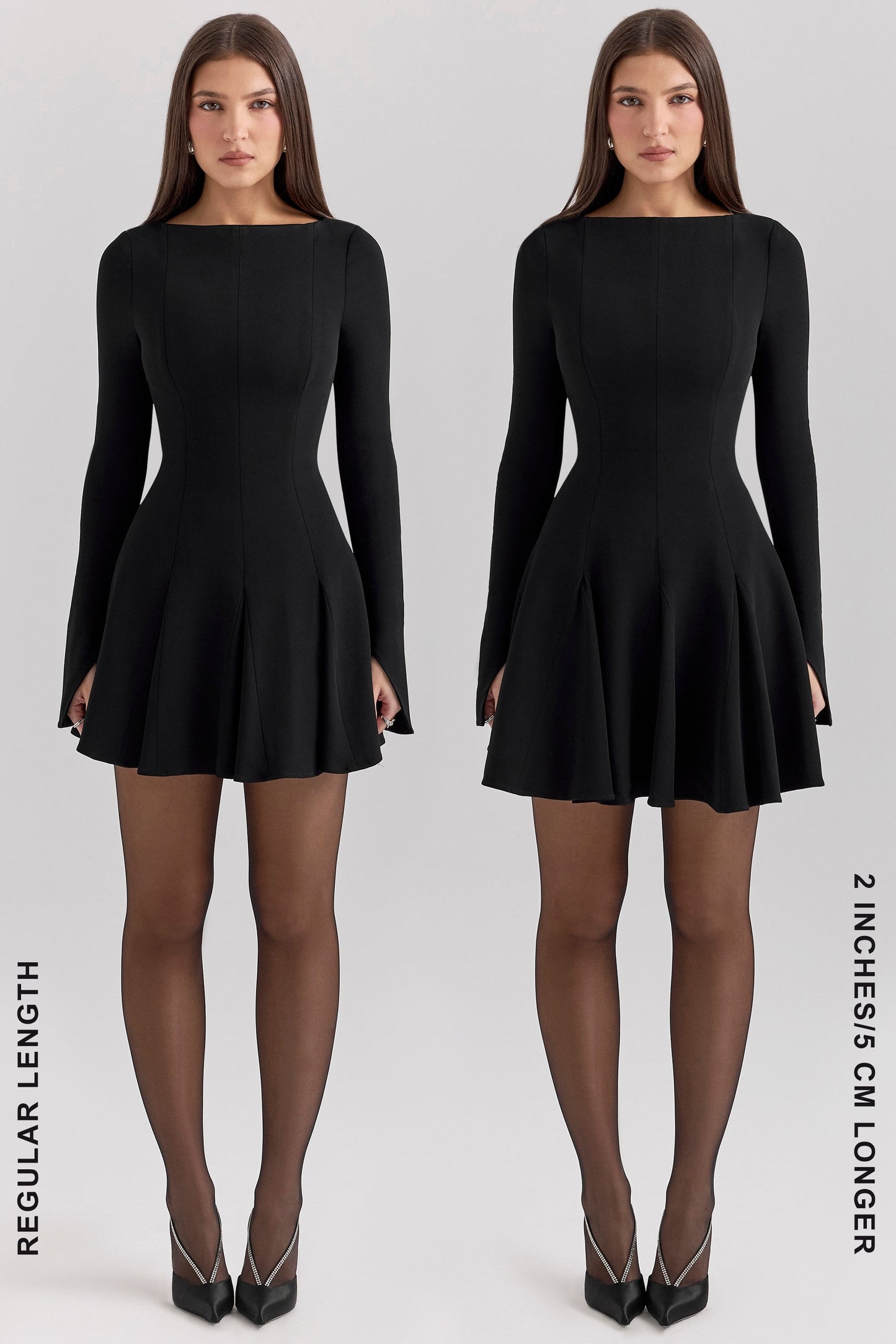 black stretch crepe godet mini dress