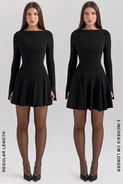 black stretch crepe godet mini dress