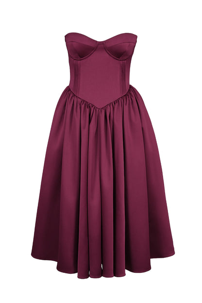 burgundy satin tulle midi dress - sale