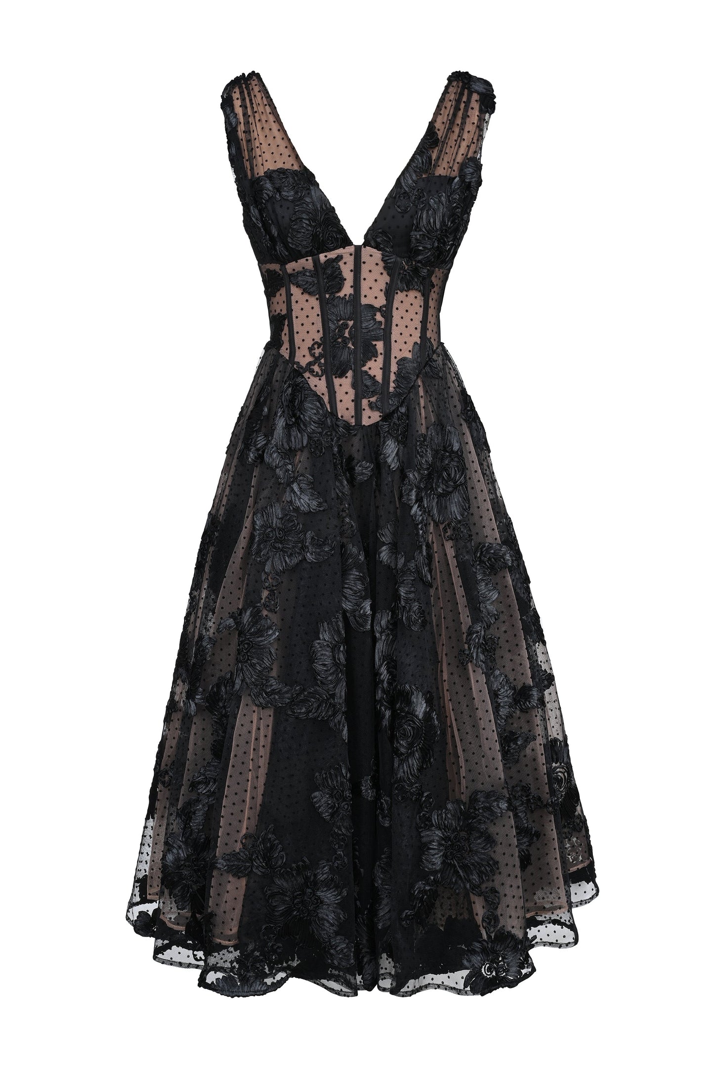 black embroidered tulle corset midi dress