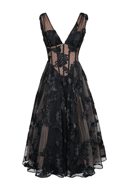 black embroidered tulle corset midi dress