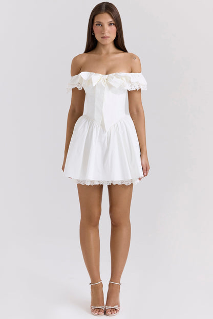 white cotton off shoulder corset mini dress