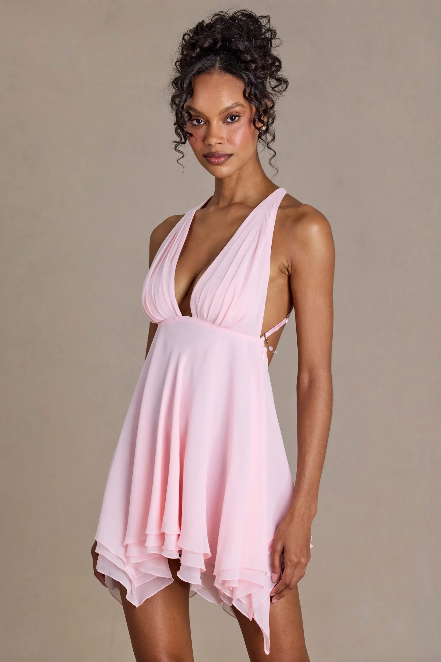Chiffon Plunge-Neck Open-Back Mini Dress in Baby Pink