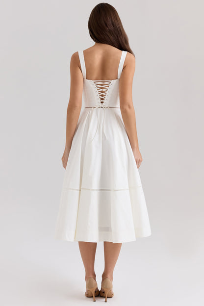 white cotton button front midi dress