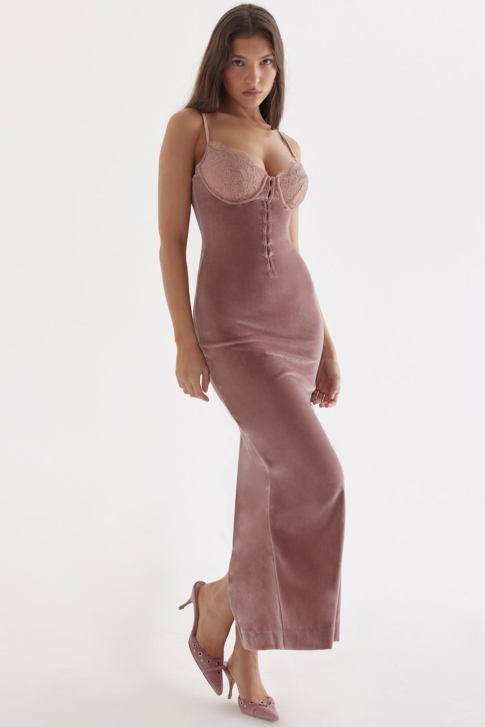 soft pink velvet midi dress