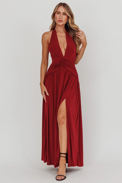Italia Azure Gathered Waist Maxi Dress Wine
