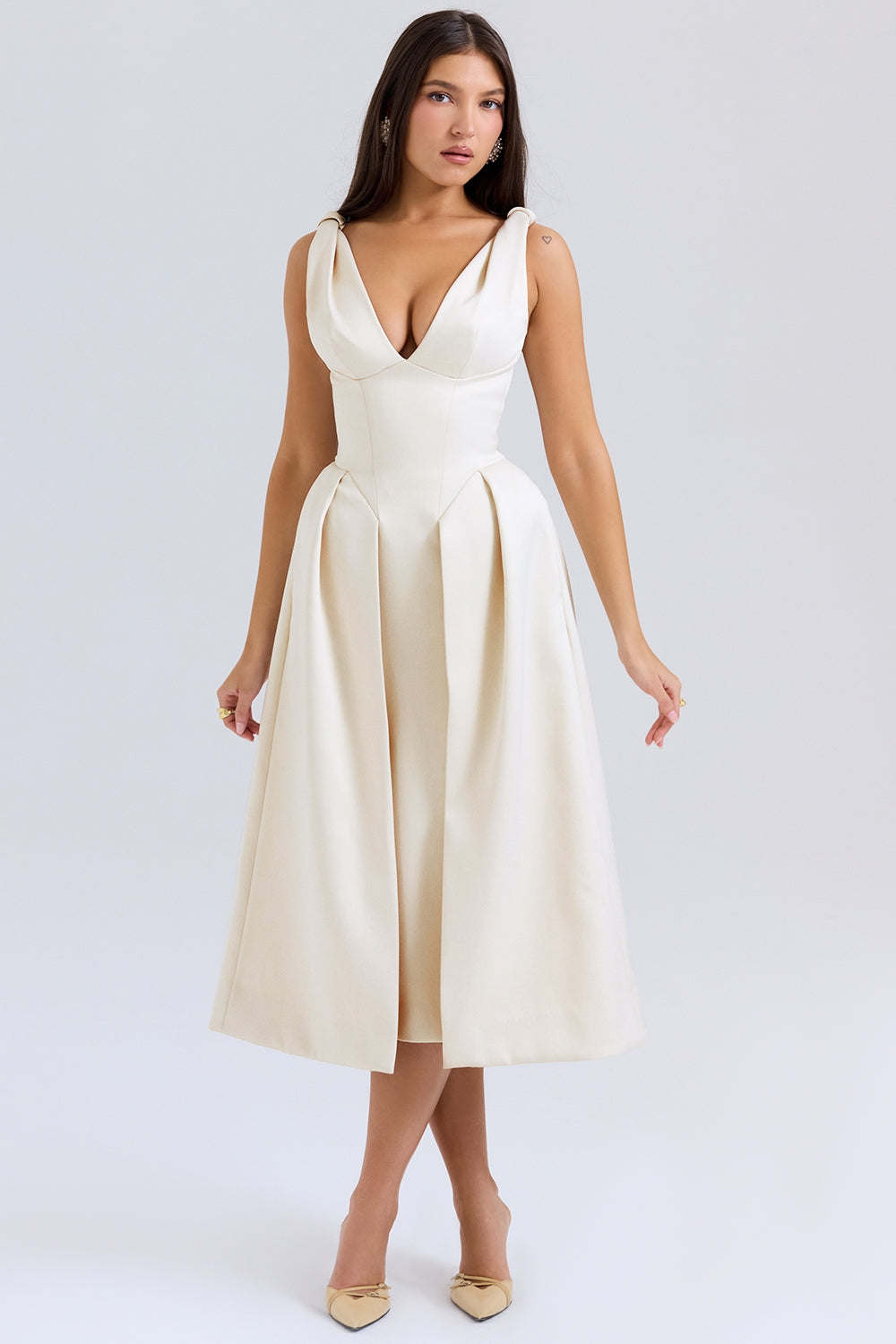 vintage cream satin pleated midi dress - sale
