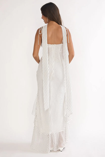 Emmara Tied Shoulder Maxi Dress Polka Dot White