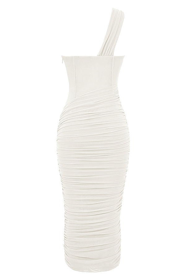ivory asymmetric cutout midi dress