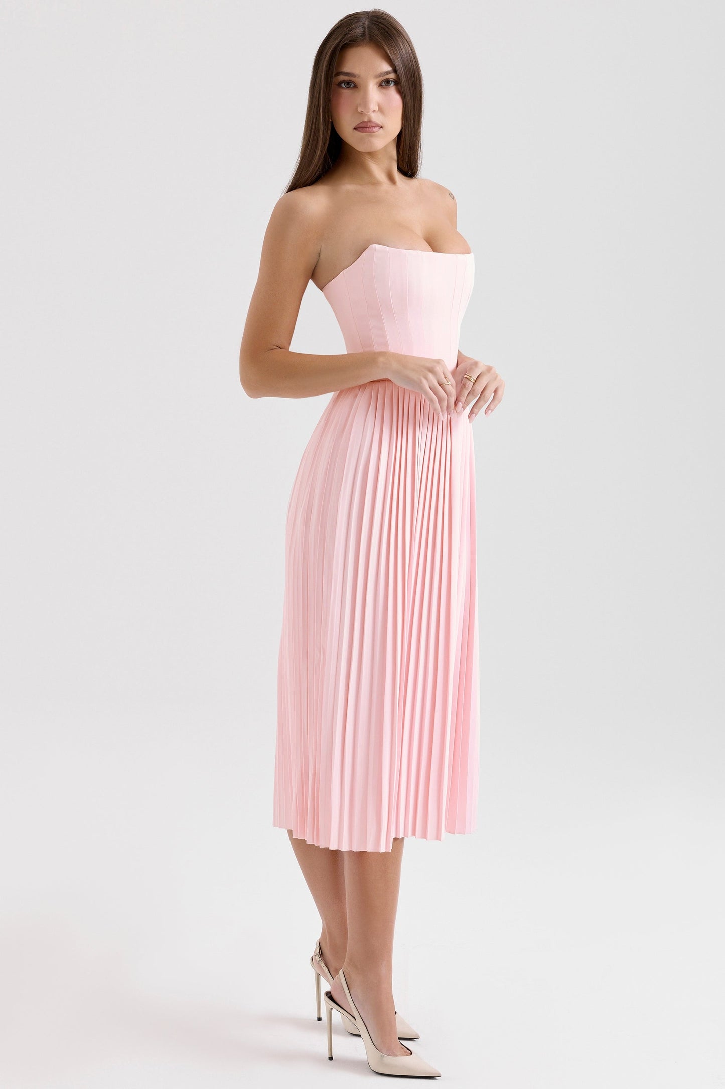 pink pleated midi corset dress