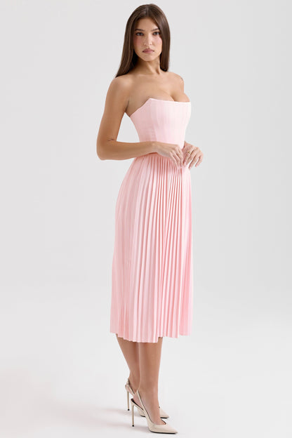pink pleated midi corset dress